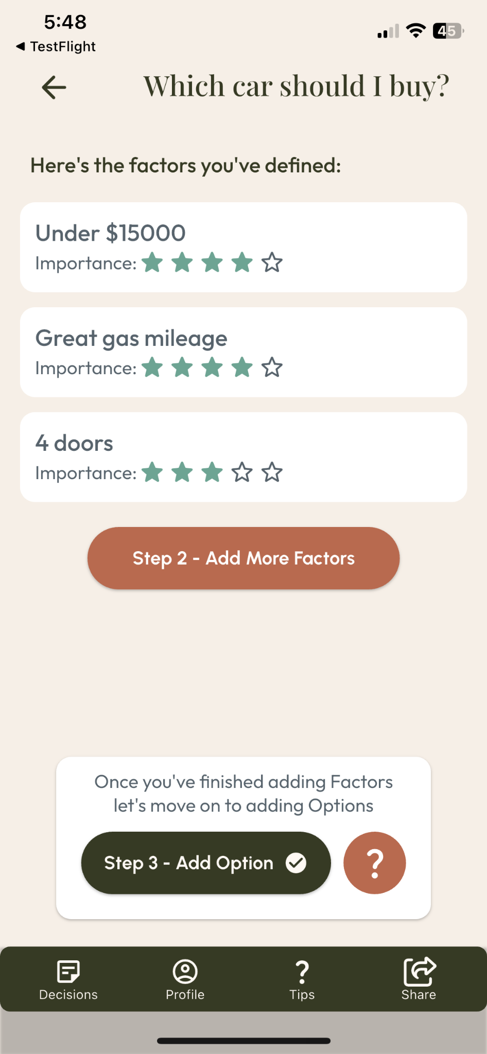Michi factor weighting screen