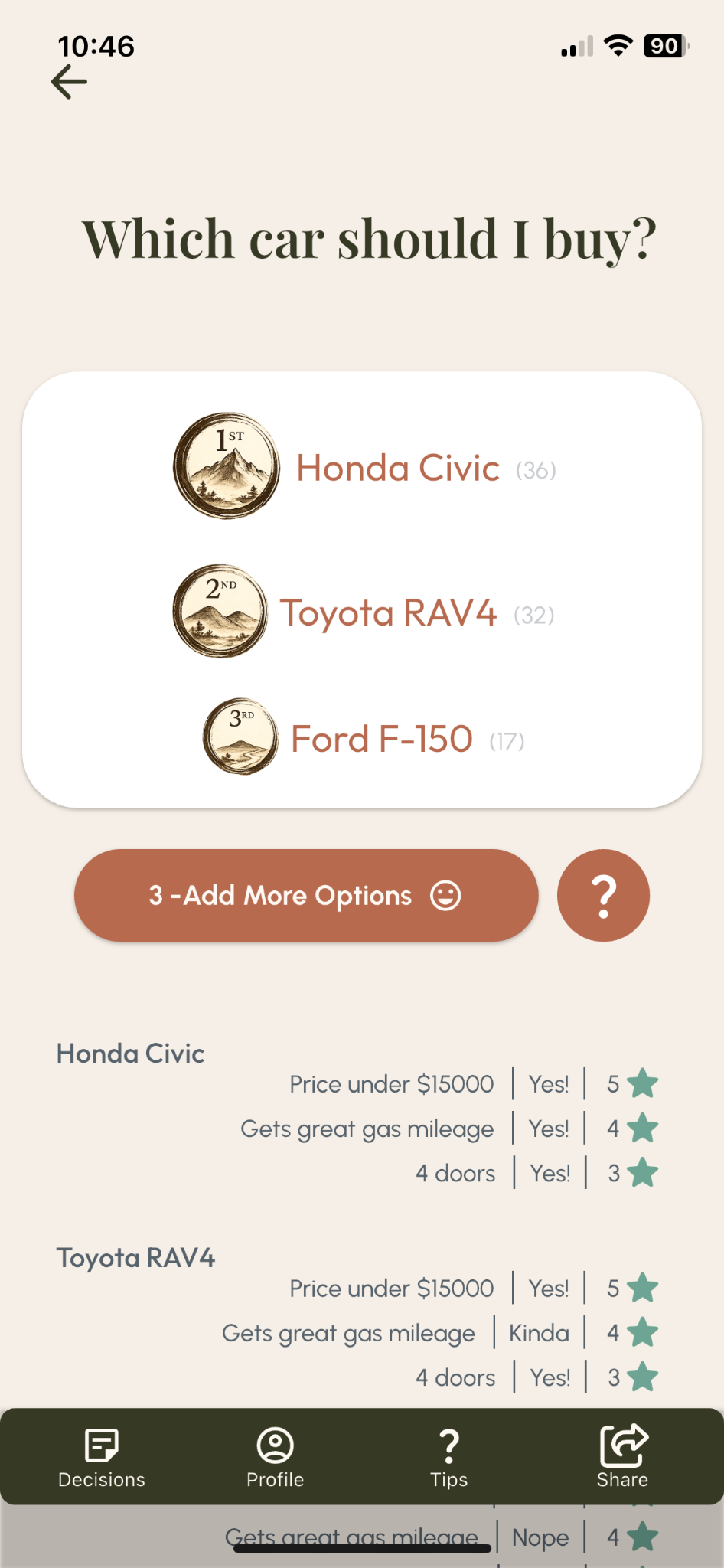 Michi ranked options screen